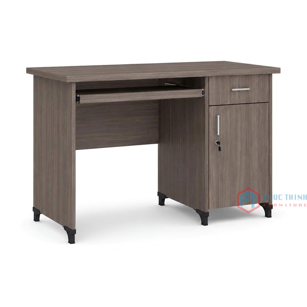 Mẫu bàn làm việc văn phòng BLVPT 21 màu xám vân gỗ có hộc tủ khóa an toàn của Nội thất Phúc Thịnh