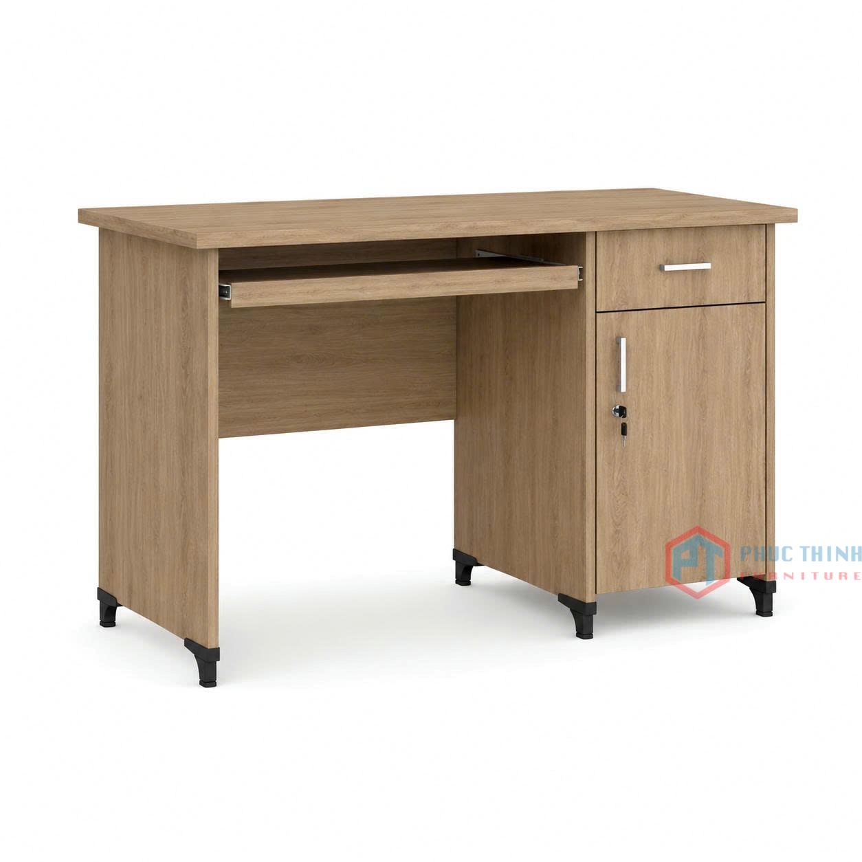 Mẫu bàn làm việc văn phòng BLVPT 21 màu xám vân gỗ có hộc tủ khóa an toàn của Nội thất Phúc Thịnh
