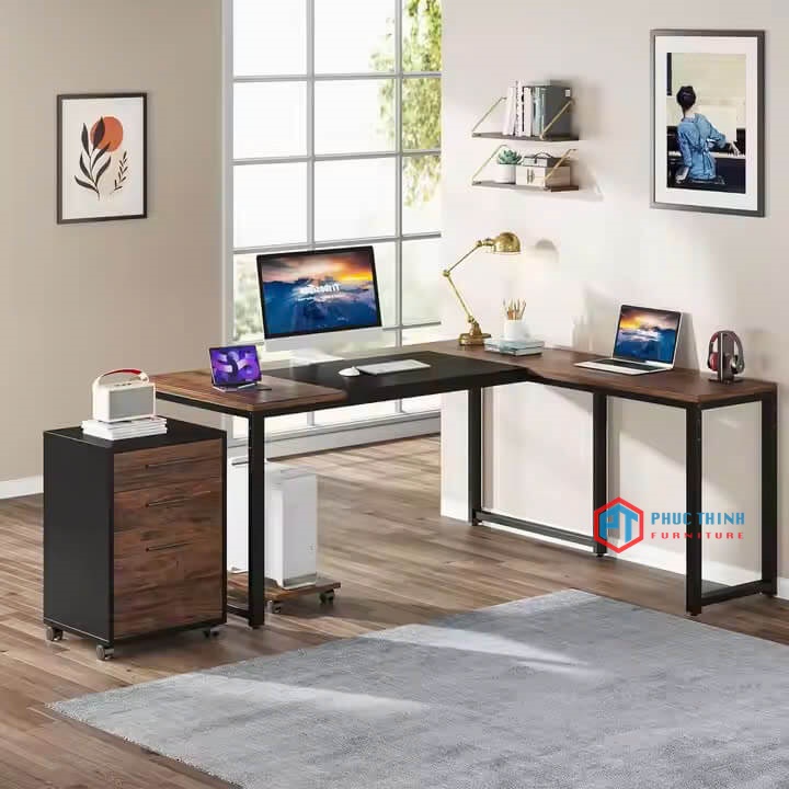 Bàn làm việc chữ L gỗ sẫm hiện đại CUMPT 51
