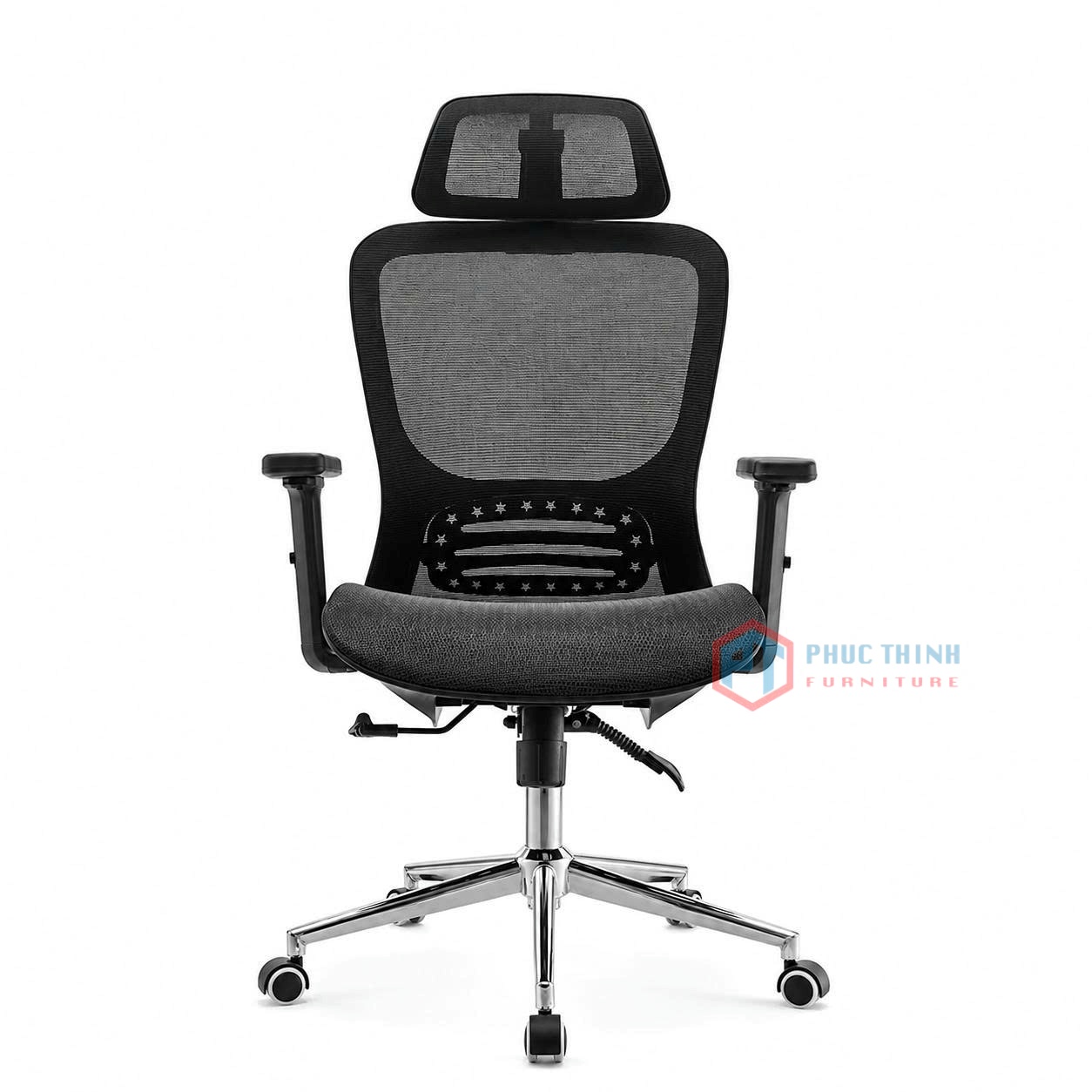Mẫu ghế công thái học full lưới cao cấp màu đen có tựa đầu lớn và chân xoay mạ chrome