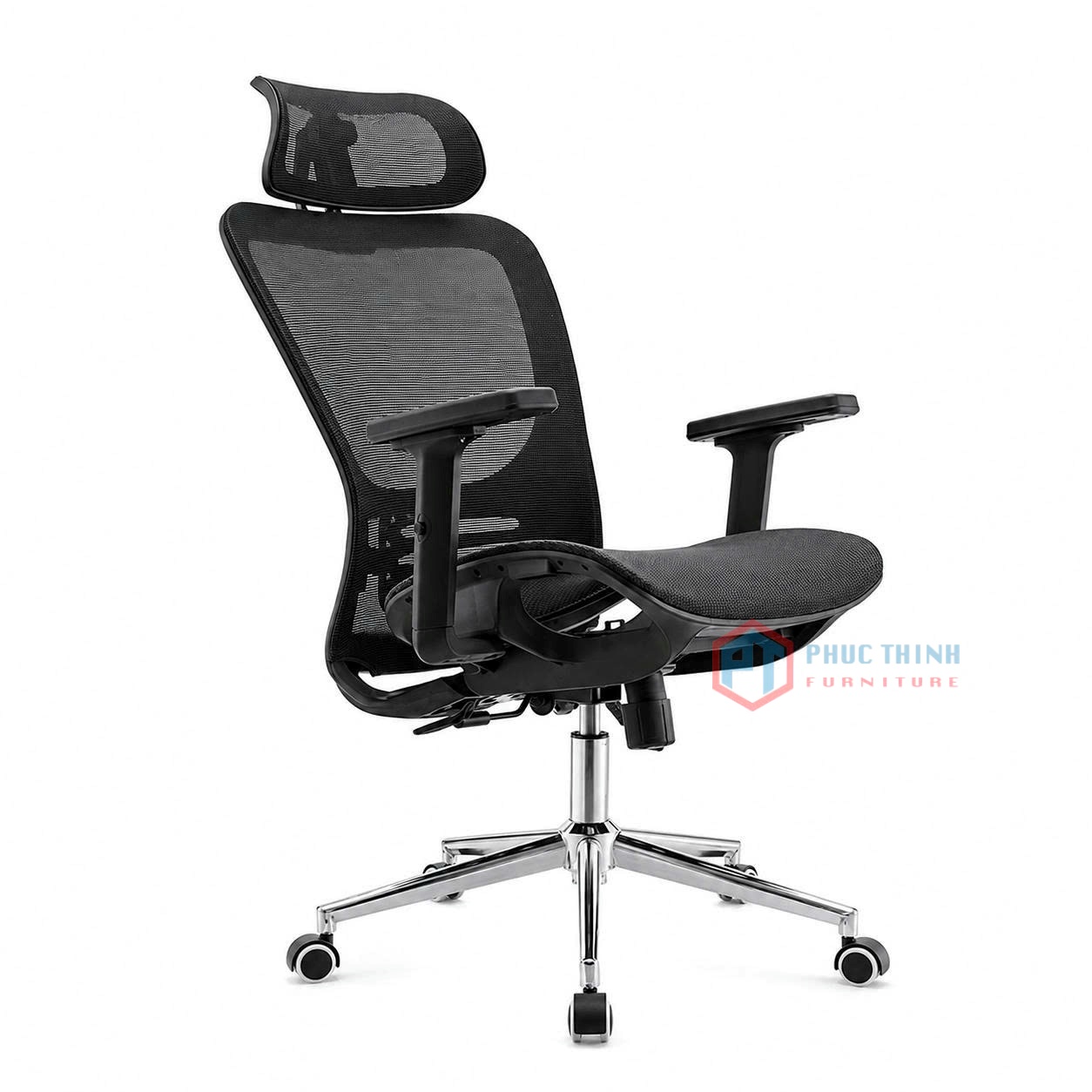 Mẫu ghế công thái học full lưới cao cấp màu đen có tựa đầu lớn và chân xoay mạ chrome