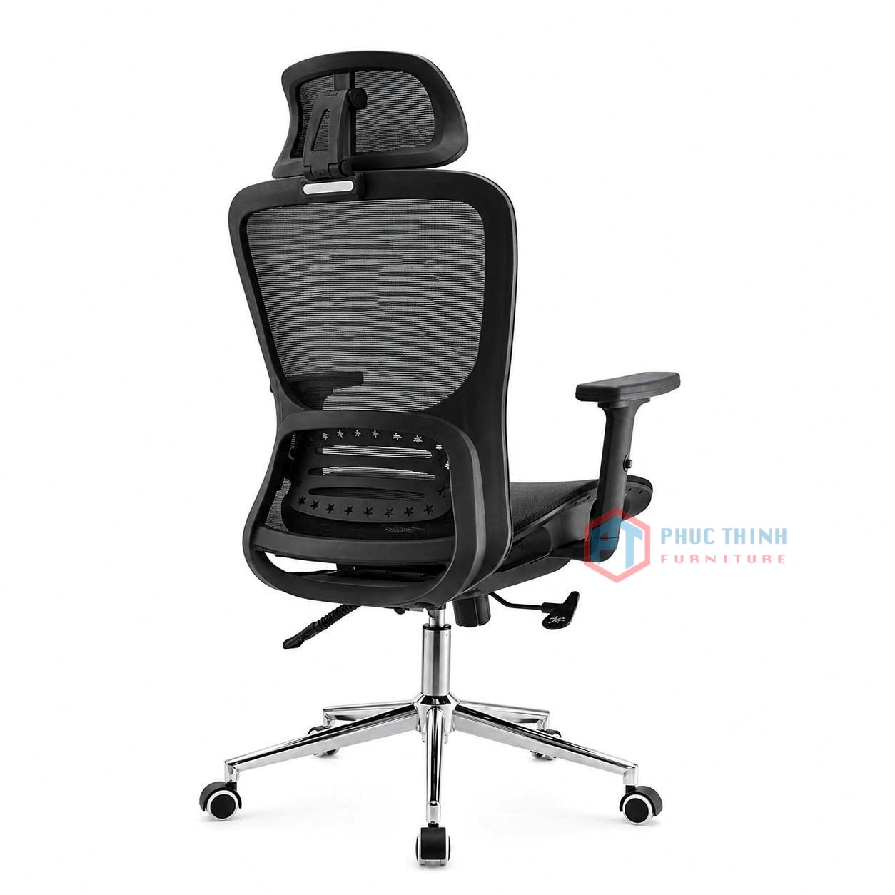 Mẫu ghế công thái học full lưới cao cấp màu đen có tựa đầu lớn và chân xoay mạ chrome